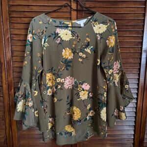 LC Lauren Conrad Women's Top - Floral, 3/4 Bell Flare Sleeve - Size Medium